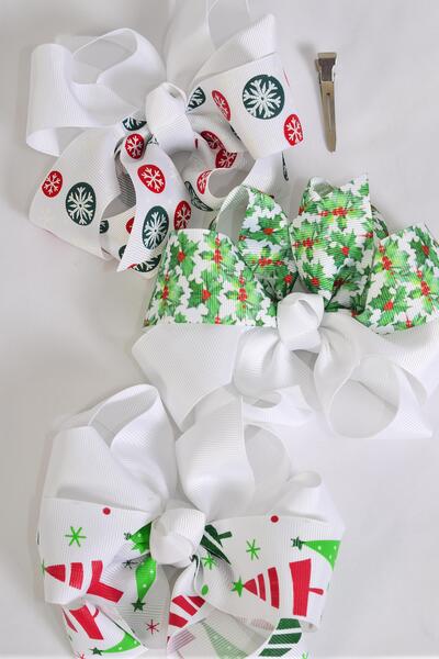 Hair Bow Jumbo Christmas Snowflake Tree Holly Berries Pattern Mix grosgrain Bow-tie / 12 pcs Bow = Dozen Alligator Clip , Size -  6" x 5" Wide , 4 of each Pattern Asst , Clip Strip & UPC Code