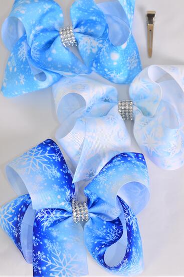 Hair Bow Jumbo Snowflake Grosgrain Bow-tie / 12 pcs Bow = Dozen 12 pcs Bow = Dozen  Snowflake , Alligator Clip , Size - 6" x 5" Wide , 4 Of each Pattern Asst , Clip Strip & UPC Code
