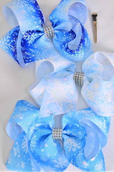 Hair Bow Jumbo Snowflake Grosgrain Bow-tie / 12 pcs Bow = Dozen 12 pcs Bow = Dozen  Snowflake , Alligator Clip , Size - 6" x 5" Wide , 4 Of each Pattern Asst , Clip Strip & UPC Code