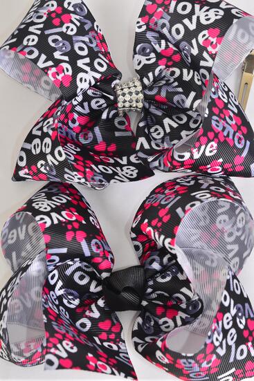 Hair Bow Jumbo Love Words Grosgrain Bow-tie / 12 pcs Bow = Dozen Alligator Clip , Size - 6" x 5" Wide , 6 Of Each Pattern Asst , Clip Strip & UPC Code
