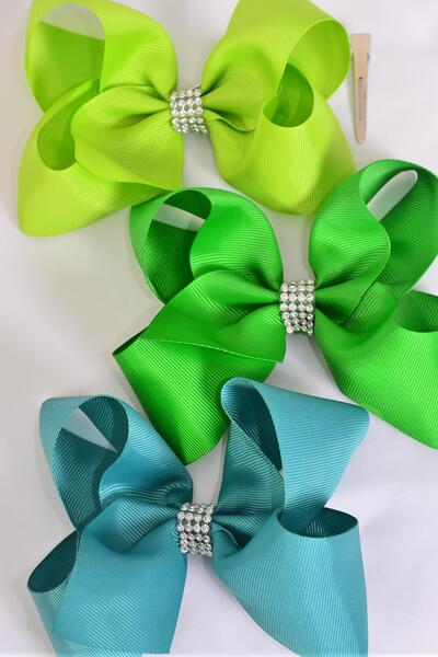 Hair Bow Jumbo Center Clear Stones Green Mix Grosgrain Bow-tie / 12 pcs Bow = Dozen Alligator Clip , Size - 6" x 5" Wide , 4 Teal Green , 4 Kelly Green , 4 Lime Green Color Asst , Clip Strip and UPC Code