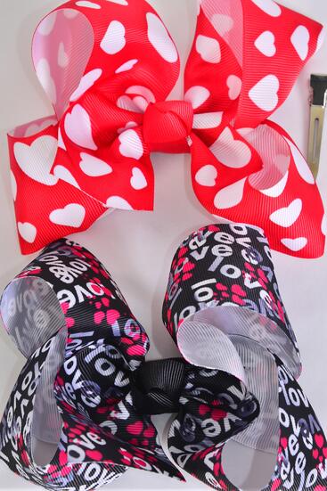 Hair Bow Jumbo Heart Love Words Pattern Mix Grosgrain Bow-tie / 12 pcs Bow = Dozen  Alligator Clip , Size - 6" x 5" Wide , 6 Of Each Pattern Asst , Clip Strip and UPC Code