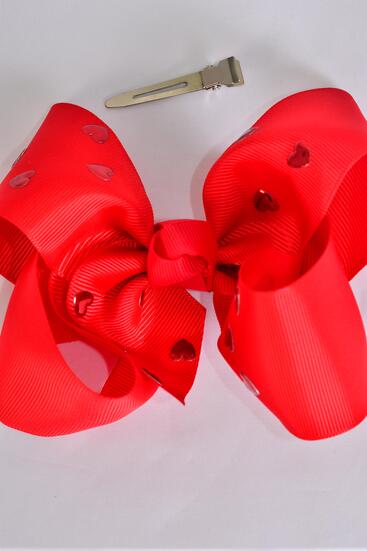 Hair Bow Jumbo Red Heart Metallic Studded Grosgrain Bow-tie Red / 12 pcs Bow = Dozen  Red ,  Size - 6" x 5" Wide , Alligator Clip , Clip Strip & UPC Code