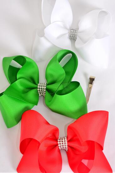 Hair Bow Jumbo Center Clear Stones Red White Green Mix Grosgrain Bow-tie / 12 pcs Bow = Dozen Alligator Clip , Size - 6" x 5" Wide , 4 of each Pattern Asst , Clip Strip & UPC Code.