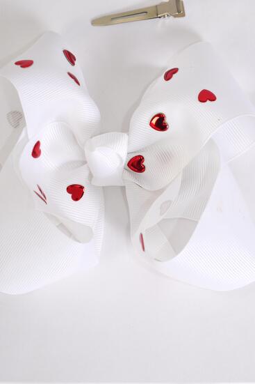 Hair Bow Jumbo Red Heart Metallic Studded Grosgrain Bow-tie White / 12 pcs Bow = Dozen White , Alligator Clip , Size - 6" x 5",  Clip Strip & UPC Code