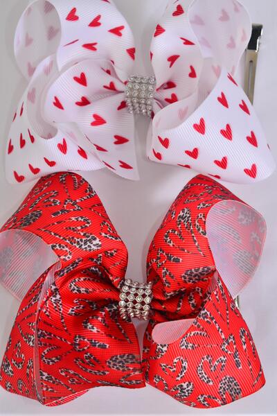 Hair Bow Jumbo Heart Pattern Mix Grosgrain Bow-tie / 12 pcs Bow Dozen Alligator Clip , Size - 6" x 5" Wide , 6 of each Pattern Asst , Clip Strip and UPC Code