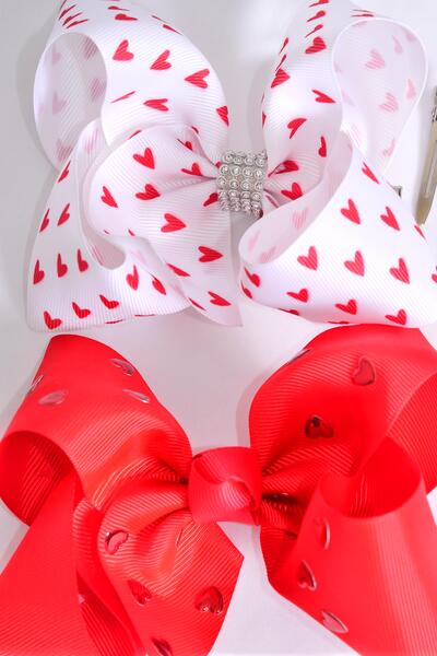 Hair Bow Jumbo Heart Pattern Mix Grosgrain Bow-tie / 12 pcs Bow = Dozen Alligator Clip , Size - 6" x 5" Wide , 6 Of Each Pattern Asst , Clip Strip and UPC Code