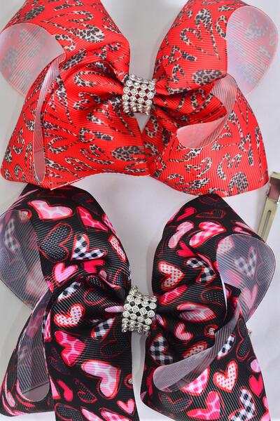 Hair Bow Jumbo Heart Mix Grosgrain Bow-tie / 12 pcs Bow = Dozen Alligator Clip , Size - 6" x 5" Wide , 6 of each Pattern , Clip Strip and UPC Code