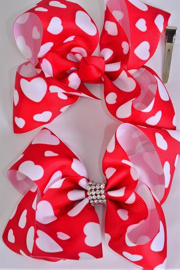 Hair Bow Jumbo Red Hearts Grosgrain Bow-tie / 12 pcs Bow Dozen Alligator Clip , Size - 6" x 5" Wide , 6 of each Pattern Asst , Clip Strip & UPC Code