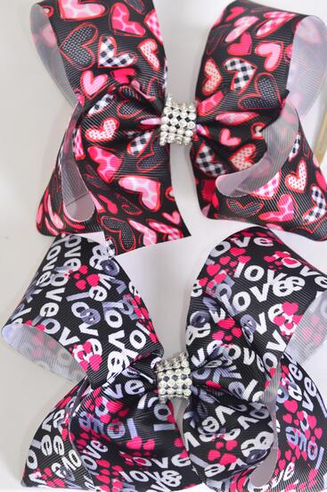 Hair Bow Jumbo Heart Love Words Pattern Mix Grosgrain Bow-tie / 12 pcs Bow = Dozen  Alligator Clip , Size - 6" x 5" Wide , 6 Of Each Pattern Asst , Clip Strip and UPC Code
