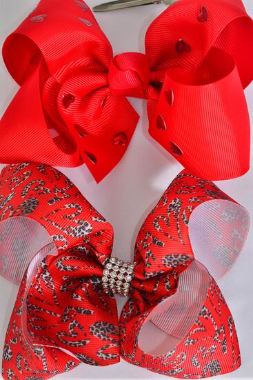 Hair Bow Jumbo Heart Pattern Mix Grosgrain Bow-tie / 12 pcs Bow = Dozen Alligator Clip , Size - 6" x 5" Wide , 6 Of Each Pattern Asst , Clip Strip and UPC Code