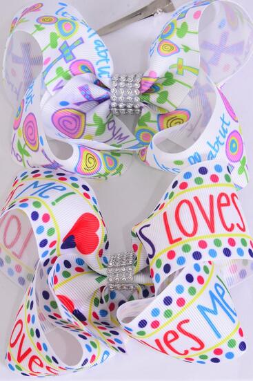 Hair Bow Jumbo Jesus Loves Me Cross Hair Bow Grosgrain Bow-tie /  12 pcs Bow = Dozen  Alligator Clip , Size - 6" x 5" Wide , 6 of each Pattern Asst , Clip Strip and UPC Code