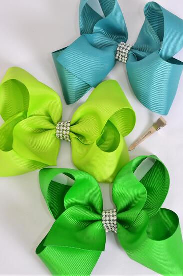 Hair Bow Jumbo Center Clear Stones Green Mix Grosgrain Bow-tie / 12 pcs Bow = Dozen Alligator Clip , Size - 6" x 5" Wide , 4 Teal Green , 4 Kelly Green , 4 Lime Green Color Asst , Clip Strip and UPC Code