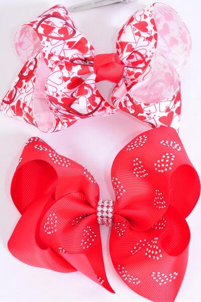 Hair Bow Jumbo Heart Grosgrain Bow-tie / 12 pcs Bow = Dozen Alligator Clip , Size - 6" x 5" Wide , 6 Of Each Pattern Asst , Clip Strip and UPC Code
