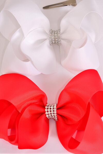 Hair Bow Jumbo Center Clear Stones Red White Mix Grosgrain Bow-tie / 12 pcs Bow = Dozen  Alligator Clip , Bow - 6" x 5", 6 Red , 6 White Color Asst , Clip Strip & UPC Code