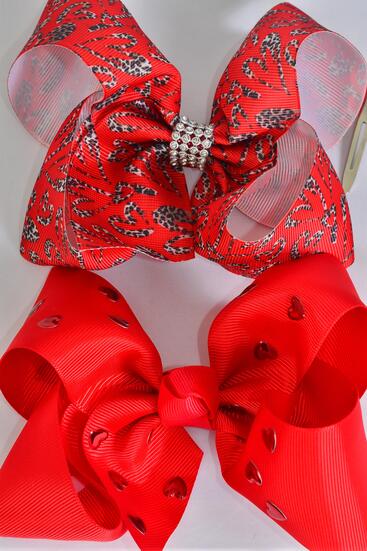 Hair Bow Jumbo Heart Pattern Mix Grosgrain Bow-tie / 12 pcs Bow = Dozen Alligator Clip , Size - 6" x 5" Wide , 6 Of Each Pattern Asst , Clip Strip and UPC Code