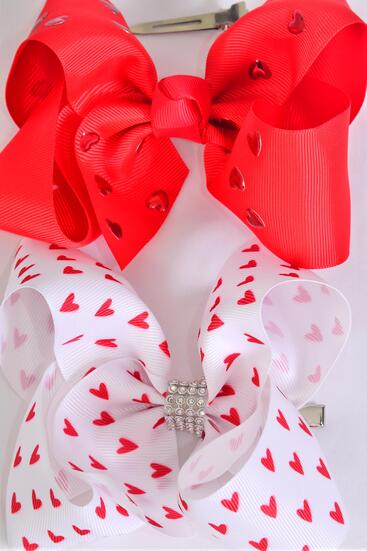 Hair Bow Jumbo Heart Pattern Mix Grosgrain Bow-tie / 12 pcs Bow = Dozen Alligator Clip , Size - 6" x 5" Wide , 6 Of Each Pattern Asst , Clip Strip and UPC Code