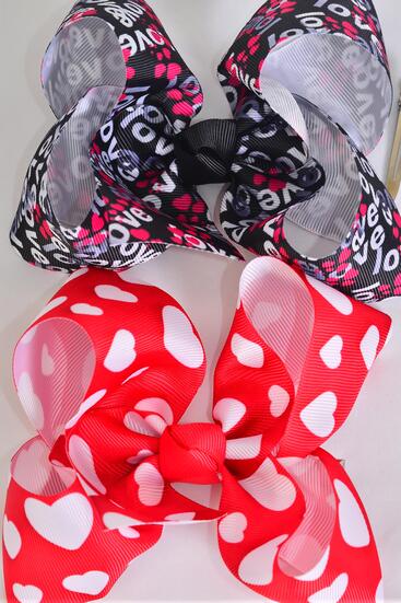 Hair Bow Jumbo Heart Love Words Pattern Mix Grosgrain Bow-tie / 12 pcs Bow = Dozen  Alligator Clip , Size - 6" x 5" Wide , 6 Of Each Pattern Asst , Clip Strip and UPC Code