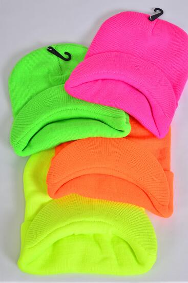 Hat Winter Knit Beanie Hat with Visor Neon / 12 pcs = Dozen Winter Knit Beanie , 3 Of Each Color Asst , Hang Tag & OPP Bag & UPC Code