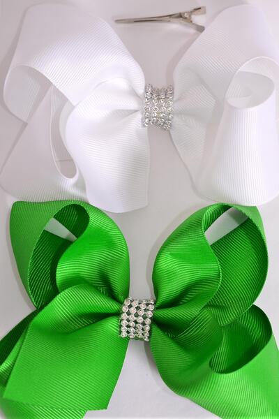 Hair Bow Jumbo Center Clear Stones Irish Green White Mix Grosgrain Bow-tie / 12 pcs Bow = Dozen Irish Green White Mix , Alligator Clip , Bow - 6" x 5" , 6 of each Color Asst , Clip Strip and UPC Code