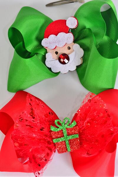 Hair Bow Jumbo Christmas Santa w Gift Box Mix Grosgrain Bow-tie / 12 pcs Bow = Dozen Christmas , Size - 6" x 5" Wide , Alligator Clip , 6 of each Pattern Mix , Clip Strip & UPC Code