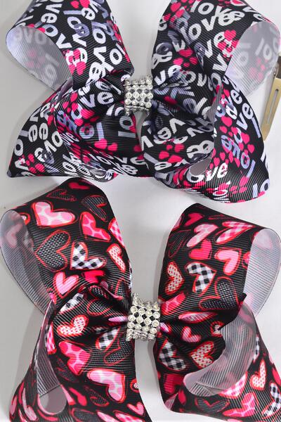 Hair Bow Jumbo Heart Love Words Pattern Mix Grosgrain Bow-tie / 12 pcs Bow = Dozen  Alligator Clip , Size - 6" x 5" Wide , 6 Of Each Pattern Asst , Clip Strip and UPC Code