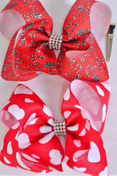Hair Bow Jumbo Heart Pattern Mix Grosgrain Bow-tie / 12 pcs Bow = Dozen Alligator Clip , Size - 6" x 5" Wide , 6 Of Each Pattern Asst , Clip Strip and UPC Code
