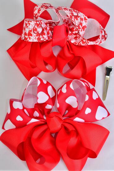 Hair Bow Jumbo Hearts Grosgrain Bow-tie / 12 pcs Bow = Dozen  Alligator Clip , Size - 6" x 5" Wide , 6 of each Pattern Asst , Clip Strip and UPC Code