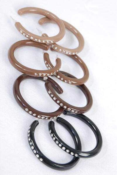 Earrings Acrylic Hoop Clear Rhinestone Brown Tone Mix / 12 pair = Dozen Post , Hoop Size - 1.75" Wide , 3 of each Color Asst , Earring card & OPP bag & UPC Code