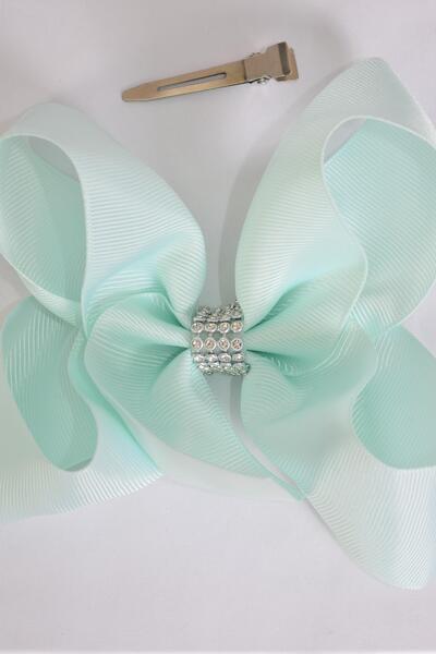 Hair Bow Jumbo Center Clear Stones Mint Green Grosgrain Bow-tie / 12 pcs Bow = Dozen Mint Green , Alligator Clip , Bow - 6" x 5" Wide , Clip Strip & UPC Code