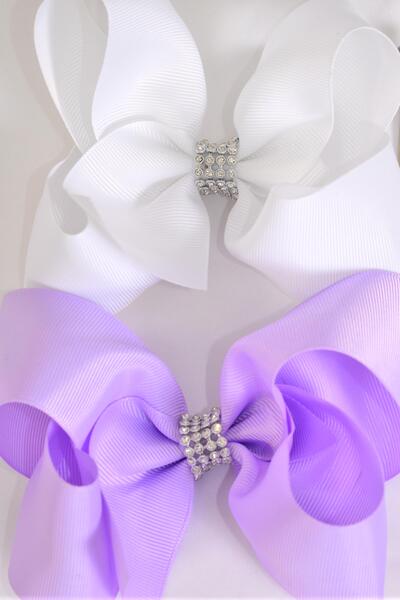 Hair Bow Jumbo Center Clear Stones Lavender White Mix Grosgrain Bow-tie / 12 pcs Bow = Dozen  Alligator Clip , Bow - 6" x 5" Wide , 6 Lavender , 6 White Color Asst , Clip Strip & UPC Code