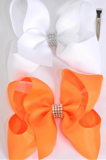 Hair Bow Jumbo Center Clear Stones Orange White Color Mix Grosgrain Bow-tie / 12 pcs Bow = Dozen  Alligator Clip , Bow - 6" x  5" , 6 Orange , 6 White Color Asst , Clip Strip & UPC Code
