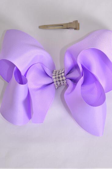 Hair Bow Jumbo Center Clear Stones Lavender Grosgrain Bow-tie / 12 pcs Bow = Dozen Lavender , Alligator Clip , Bow - 6" x 5" , Clip Strip & UPC Code