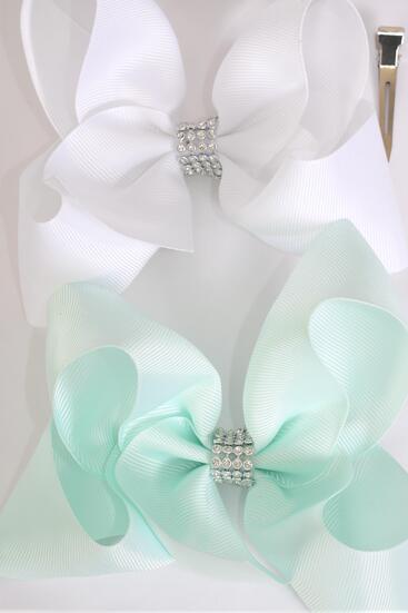 Hair Bow Jumbo Center Clear Stones Mint Green White Mix Grosgrain Bow-tie / 12 pcs Bow = Dozen Alligator Clip , Bow - 6" x 5" , 6 Mint Green , 6  White Color Asst , Clip Strip & UPC Code