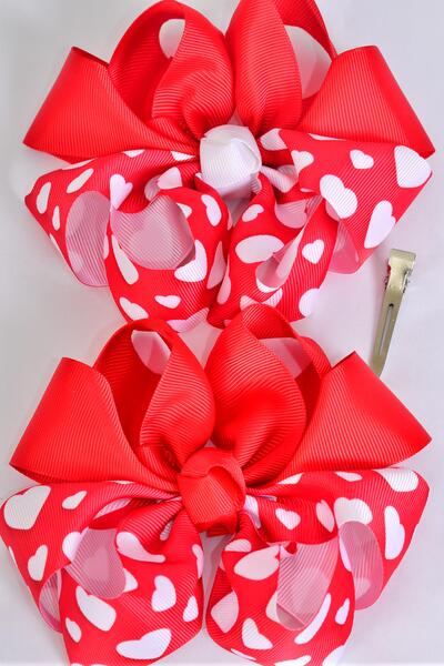 Hair Bow Jumbo 2 Tone Hearts Grosgrain Bow-tie / 12 pcs Bow = Dozen Alligator Clip , Size - 6" x 5" Wide , 6 of each Pattern Asst , Clip Strip & UPC Code