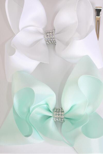 Hair Bow Jumbo Center Clear Stones Mint Green White Mix Grosgrain Bow-tie / 12 pcs Bow = Dozen Alligator Clip , Bow - 6" x 5" , 6 Mint Green , 6  White Color Asst , Clip Strip & UPC Code