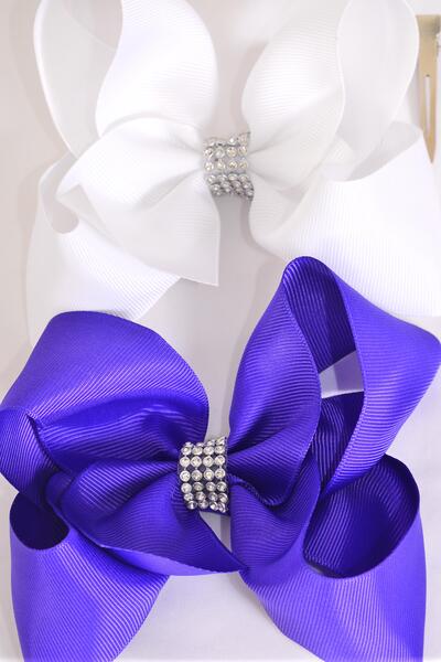 Hair Bow Jumbo Center Clear Stones Purple White Mix Grosgrain Bow-tie / 12 pcs Bow = Dozen Alligator Clip , Bow - 6" x 5" Wide , 6 Purple , 6 White Color Asst , Clip Strip & UPC Code