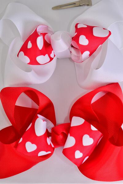 Hair Bow Jumbo Double Layered Center Heart Print Grosgrain Bow-tie / 12 pcs Bow = Dozen Alligator Clip , Size - 6" x 5" Wide , 6 of each Pattern Asst , Clip Strip & UPC Code