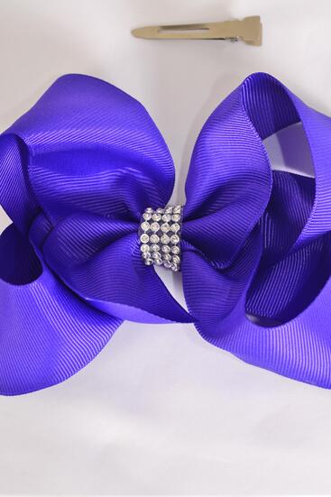 Hair Bow Jumbo Center Clear Stones Purple Grosgrain Bow-tie / 12 pcs Bow = Dozen  Purple , Alligator Clip , Bow - 6" x 5", Clip Strip & UPC Code