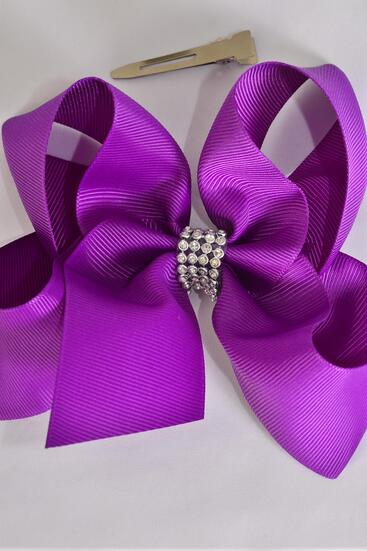 Hair Bow Jumbo Center Clear Stones Ultra Violet Grosgrain Bow-tie / 12 pcs Bow = Dozen  Ultra Violet , Alligator Clip , Bow - 6" x 5" , Clip Strip & UPC Code