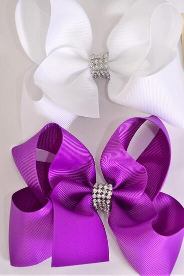 Hair Bow Jumbo Center Clear Stones Violet White Mix Grosgrain Bow-tie / 12 pcs Bow = Dozen Alligator Clip , Size - 6" x 5" Wide ,  6 of Each Color Asst , Clip Strip & UPC Code 