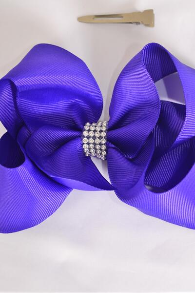 Hair Bow Jumbo Center Clear Stones Purple Grosgrain Bow-tie / 12 pcs Bow = Dozen  Purple , Alligator Clip , Bow - 6" x 5", Clip Strip & UPC Code
