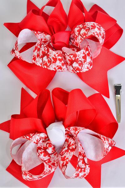 Hair Bow Jumbo Double Layered Hearts Grosgrain Bow-tie / 12 pcs Bow Dozen Alligator Clip , Size - 6" x 5" Wide , 6 of each Pattern Asst , Clip Strip & UPC Code