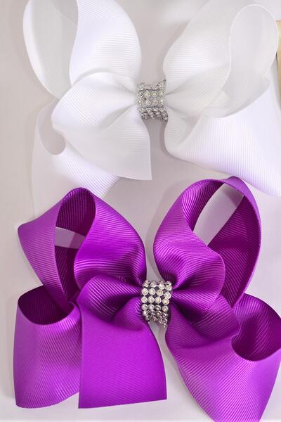 Hair Bow Jumbo Center Clear Stones Violet White Mix Grosgrain Bow-tie / 12 pcs Bow = Dozen Alligator Clip , Size - 6" x 5" Wide ,  6 of Each Color Asst , Clip Strip & UPC Code 
