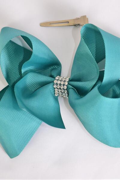 Hair Bow Jumbo Center Clear Stones Jade Green Grosgrain Bow-tie / 12 pcs Bow = Dozen Jade Green , Alligator Clip , Bow - 6" x 5" , Clip Strip & UPC Code
