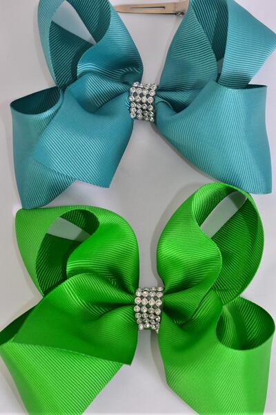 Hair Bow Jumbo Center Clear Stones Kelly Green Teal Green Color Mix Grosgrain Bow-tie / 12 pcs Bow = Dozen Alligator Clip , Bow - 6" x 5" , 6 Kelly Green , 6 Teal Green Color Asst , Clip Strip and UPC Code