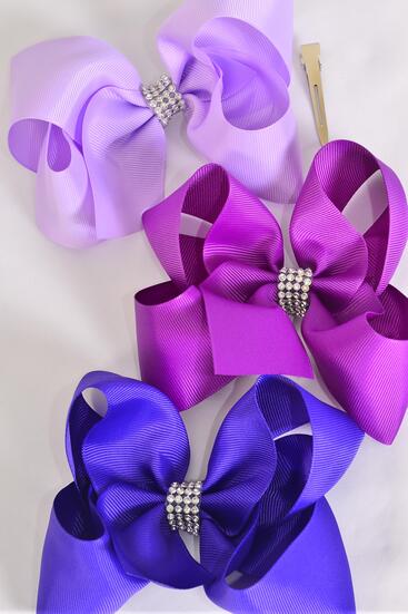 Hair Bow Jumbo Center Clear Stones Purple Color Mix Grosgrain Bow-tie / 12 pcs Bow = Dozen Purple Mix , Alligator Clip , Bow - 6" x 5" Wide , 4 Purple , 4 Violet , 4 Laventer Color Asst , Clip Strip & UPC Code