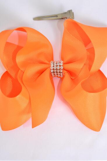 Hair Bow Jumbo Center Clear Stones Autumn Orange Grosgrain Bow-tie / 12 pcs Bow = Dozen  Orange , Alligator Clip , Bow - 6" x 5" , Clip Strip & UPC Code
