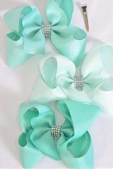 Hair Bow Jumbo Center Clear Stones Mint Green Mix Grosgrain Bow-tie / 12 pcs Bow = Dozen  Alligator Clip , Bow - 6" x 5" Wide , 4 Caribbean Green , 4 Aqua , 4 Mint Green Color Asst , Clip Strip & UPC Code