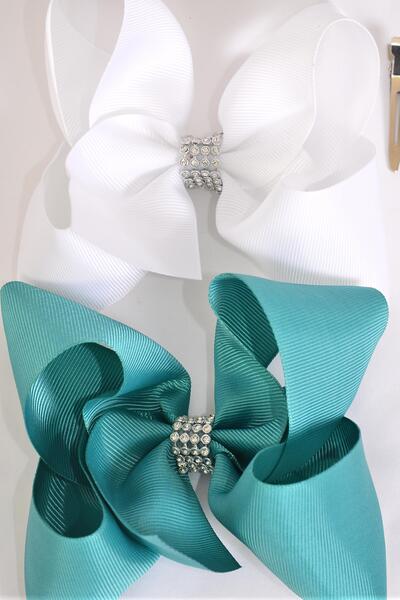 Hair Bow Jumbo Center Clear Stone Jade Green White Mix Grosgrain Bowtie / 12 pcs Bow = Dozen Alligator Clip , Bow - 6" x 5" , 6 White , 6 Jade Green Color Asst , Clip Strip & UPC Code